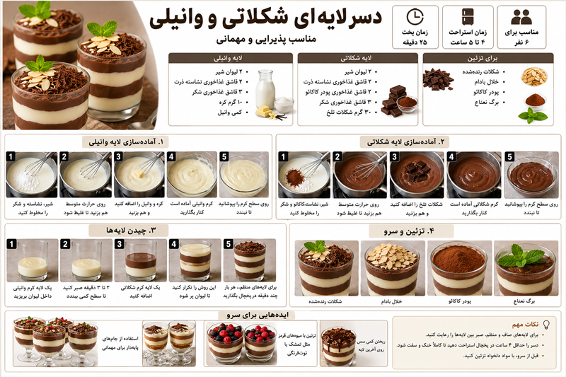 دسر لایه‌ای شکلاتی و وانیلی؛ مناسب پذیرایی و مهمانی